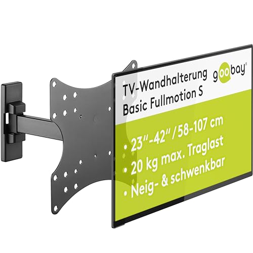 goobay TV-Wandhalterung – 23 bis 42 Zoll, voll bewegliche neig- und schwenkbare Monitorhalterung, 20 kg Tragkraft, 44 bis 192 cm ausziehbarer Wandabstand, VESA-Standard, Doppelarmgelenk 49713 Schwarz von goobay