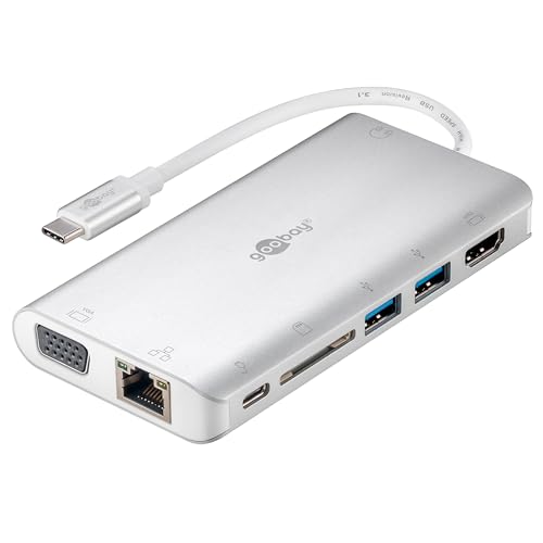 Goobay 49850 USB C Hub Multiport Verteiler 9 Ports HDMI/VGA/USB C PD / 2X USB 3.0 / RJ45 / 3,5 mm Audio/SD & microSD Kartenleser/Aluminium von goobay