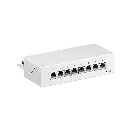 Goobay 62067 CAT 6A Patch Panel 8 Port / RJ45 Buchsen Netzwerkstecker / 500 MHz LAN Patchfeld / 1 HE Verteilerfeld/Mini Desktop Patchpanel Wandmontage/Weiß von goobay