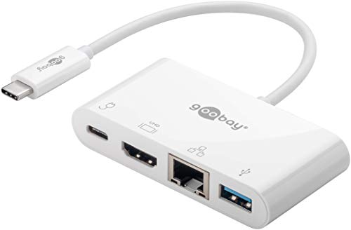 Goobay 62105 USB C Hub Multiport USB Verteiler 60W PD / 4 Port USBC auf 1x HDMI - 1x USB-C - 1x USB-A 3.0 - 1x RJ45 Ethernet Buchse / Typ C USB Adapter MacBook iPhone / Weiß von goobay