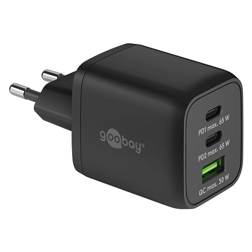 Goobay 64753 Nano USB C Ladegerät Netzteil 65W Power Delivery PD Schnellladegerät / iPhone 14 USB Stecker 3A / USB-C & USB-A 3 Port Mini Steckdose Adapter / Ultra klein / Schwarz von goobay