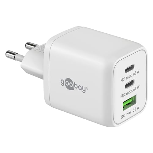 Goobay 64754 Nano USB C Ladegerät Netzteil 65W Power Delivery PD Schnellladegerät / iPhone 14 USB Stecker 3A / USB-C & USB-A 3 Port Mini Steckdose Adapter / Ultra klein / Weiß von goobay