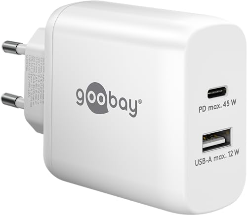 Goobay 65412 Dual Ladegerät 45W / USB-C & USB-A Schnellladegerät Power Delivery/Ladenetzteil mit 2 USB Anschlüssen/Charger für Handy, iPad, Tablet etc. von goobay