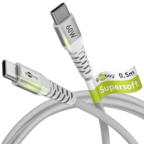 Goobay 70192 Schnellladekabel USB C 60W 20V / 0,5m / Extrem robustes Textilkabel / 480 Mbits Ladekabel USB C / Schnellladekabel Samsung USB C Kabel / Stoffkabel Weiß von goobay