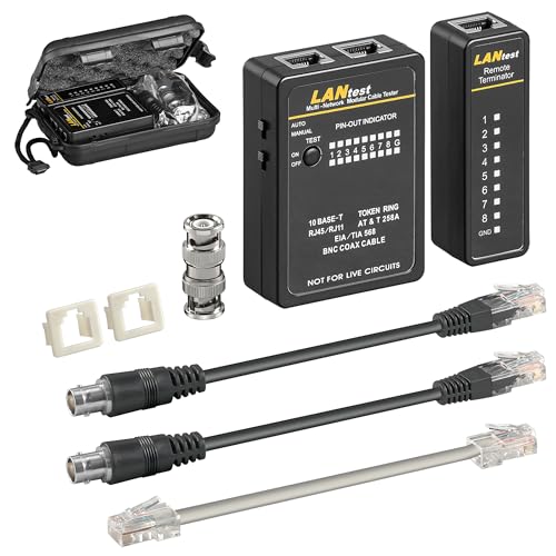 Goobay 93010 Netzwerktester LAN Tester / Leitungstester RJ45 - RJ11 - RJ12 - ISDN - CAT5 - CAT6 - BNC / Netzwerk Kabeltester / Netzwerk Tester / Netzwerk Messgerät / Schwarz von goobay