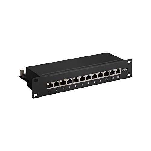 Goobay 93796 CAT 6A Patch Panel 10 Zoll / 12 Port RJ45 Buchsen Netzwerkstecker / 500 MHz LAN Patchfeld / 1 HE Verteilerfeld / Rackeinbau Patchpanel / Schwarz von goobay