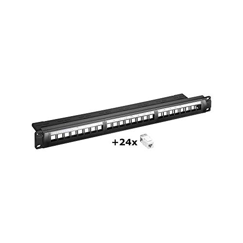 Goobay 95336 Keystone Patch Panel 24 Port / 19 Zoll Gehäuse mit 24x CAT 6 RJ45 Keystone Modulen / 1 HE / Verteilerfeld Patchfeld / Snap-In / Schwarz von goobay