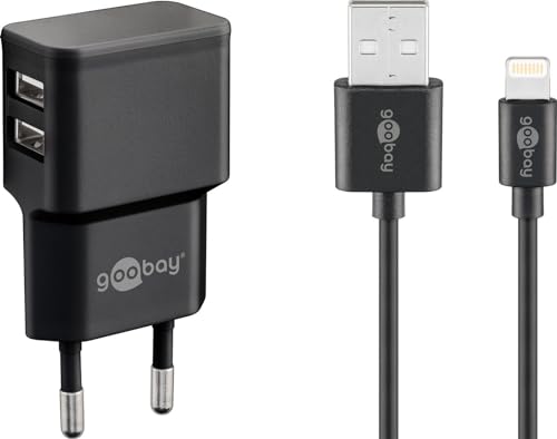 goobay 44995 USB Netzteil + Ladekabel Set / 2 Port Adapter für Steckdose 2,4 A (12W) USB-Netzteil mit Schutzelektronik/inkl. 1m Lightning Kabel/Schwarz von goobay