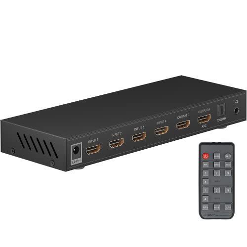 goobay 58478 HDMI Matrix Schalter 4 auf 2 / Matrix Switch Splitter 4k @ 30Hz / Mit Fernbedienung für Blu ray Player, Xbox, PS5 und TV / 4 IN 2 Out Umschalter von goobay