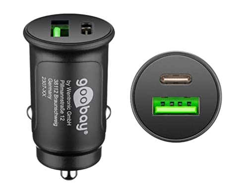 goobay 59521 2-Port Auto/KFZ Ladegerät mit USB-C PD (Power Delivery), Mini Zigarettenanzünder Dual USB Ladegerät, Pkw & LKW (12V / 24V), 27W, Schwarz von goobay