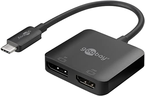 goobay 60172 USB C Adapter Multiport Verteiler 2 Port UHD 4K @ 60 Hz/Buchse HDMI DisplayPort Adapter DP / 18 Gbits USB Hub/Mehrfachstecker 2 Monitore gleichzeitig/Schwarz von goobay