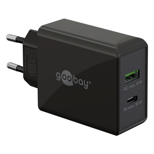 goobay 61673 Dual USB-C PD (Power Delivery) Schnellladegerät (30 W) / Quick Charge Netzteil für iPhone, Samsung, Huawai/Handy Ladegerät/Ladeadapter für die Steckdose/schwarz von goobay