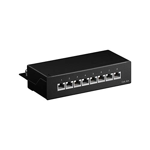 goobay 62065 CAT 6A Patch Panel 8 Port / RJ45 Buchsen Netzwerkstecker / 500 MHz LAN Patchfeld / 1 HE Verteilerfeld/Mini Desktop Patchpanel Wandmontage/Schwarz von goobay