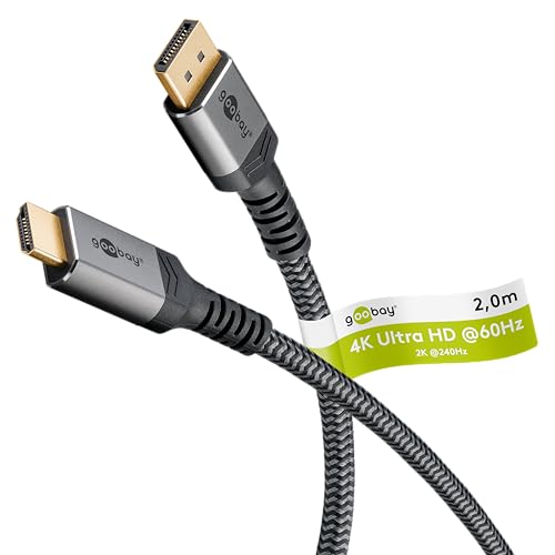 goobay 65269 DisplayPort 1.2 auf HDMI 2.0 / Auflösungen von bis zu 4K @ 50/60 Hz/Datentransferrate von 18 Gbit/s/Kabel ist richtungsgebunden/Vergoldete Stecker beugen Korrosion vor/Grau / 2m von goobay