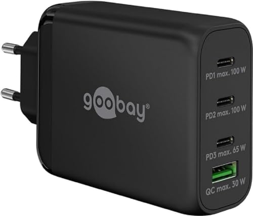 goobay 65555 Multiport Power Delivery USB C 100W Ladegerät/Kompaktes ultraschnelles Netzteil für 4 Geräte/Quick Charge USB Anschluss/Schwarz von goobay