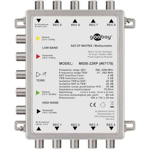 goobay 67178 Passiver Sat Multischalter 5 Eingänge / 8 Ausgänge Silber/Schwarz von goobay