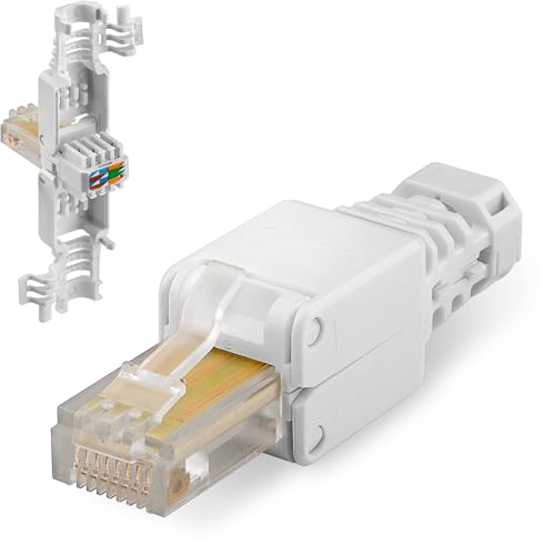 goobay 68859 RJ45 Stecker CAT 5e UTP ungeschirmt /Werkzeugfreier / LAN Stecker für Rundkabel / Ethernet Stecker mit farblich makierten Kabelkontakten / Selbstmontage ohne Crimpzange / Weiß von goobay