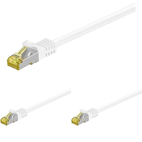 goobay 92665 RJ45 Patchkabel mit CAT 7 Rohkabel, doppelt geschirmt, S-FTP bis 600 Mhz, halogenfrei, Kupfer Kabel Stecker, vergoldete Kontakte, 5m, Weiß (Packung mit 3) von goobay