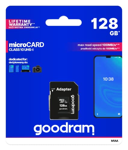 Goodram 128GB M1AA Mikrokarte Hohe Geschwindigkeit Klasse 10 Speicherkarte mit Adapter und UHS-I Schnittstelle Lesegeschwindigkeit bis zu 100 MB/s Schreibgeschwindigkeit ab 10 MB/s 128 GB von goodram