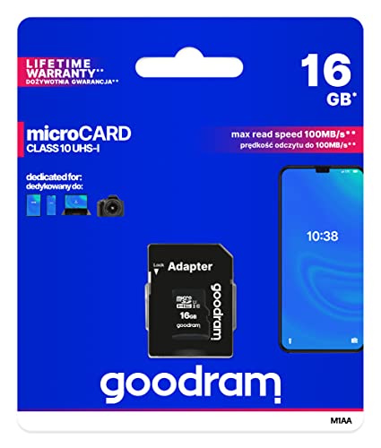 Goodram 16GB M1AA Mikrokarte Hohe Geschwindigkeit Klasse 10 Speicherkarte mit Adapter und UHS-I Schnittstelle Lesegeschwindigkeit bis zu 100 MB/s Schreibgeschwindigkeit ab 10 MB/s 16 GB von goodram