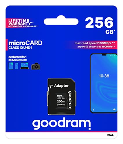 Goodram 256GB M1AA Mikrokarte Hohe Geschwindigkeit Klasse 10 Speicherkarte mit Adapter und UHS-I Schnittstelle Lesegeschwindigkeit bis zu 100 MB/s Schreibgeschwindigkeit ab 10 MB/s 256 GB von goodram