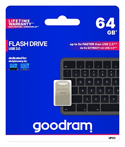 Goodram 64GB UPO3 USB 3.0 USB-Speicherstick Chip an Bord COB Technologie Stoßsicher Tragbar Lesegeschwindigkeit bis zu 60 MBs und Schreibgeschwindigkeit bis zu 20 MBs Silber 10,3 x 12,3 x 1,1 cm 64 GB von goodram