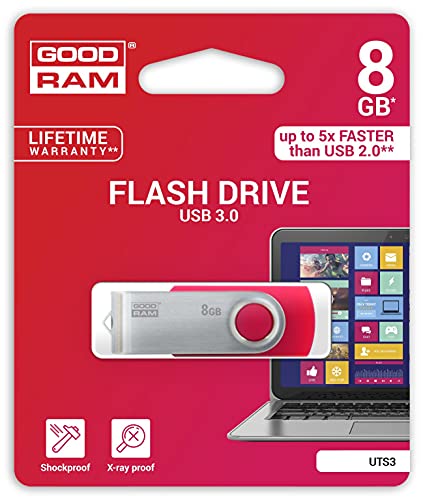 Goodram UTS3 USB-Flash-Laufwerk 8 GB USB Typ A 3.0 (3.1 Gen 1) Rot, Silber – USB-Flash-Laufwerke (8 GB, USB Type-A, 3.0 (3.1 Gen 1), 60 MB/s, drehbar, rot, Silber) von goodram