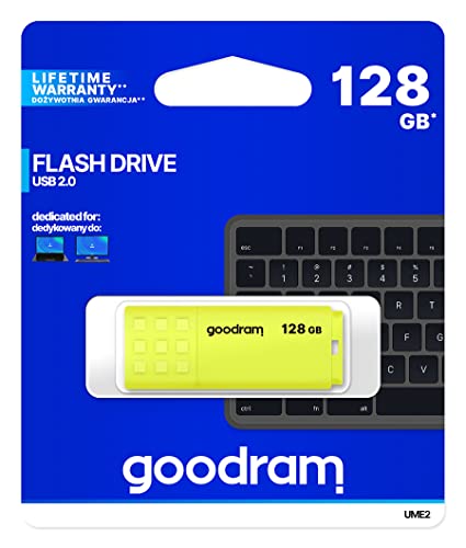 goodram UME2 Yellow - USB Stick - USB Flash Drive - USB 2.0 Schnittstelle - für PC, Laptop - Robustes Gehäuse mit Stöpsel und Anschluss für einen Anhänger - USB Stick 128GB von GoodRam