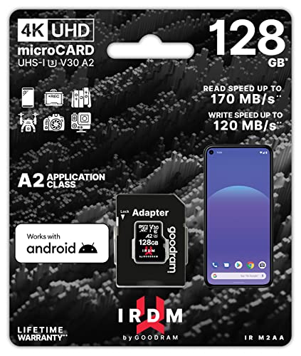goodram Schnelle Speicherkarte IRDM - SD Karte 128GB M2AA UHS-I U3 A2 V30 Micro SDXC mit Adapter 170/120 MB/s - Hohe Leistung - Schnell und Zuverlässig - Speicherkarte Micro SD von goodram
