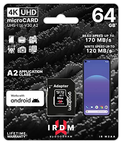 goodram Schnelle Speicherkarte IRDM - SD Karte 64GB M2AA UHS-I U3 A2 V30 Micro SDXC mit Adapter 170/120MB/s - Hohe Leistung - Schnell und Zuverlässig - Speicherkarte Micro SD von goodram