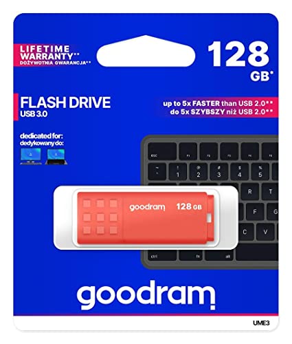 goodram USB-Speicherstick mit 128GB UME3 - USB 3.0 DatenSpeicherung Pen Drive - Lesegeschwindigkeit bis zu 60 MBs - Memory Stick - USB Flash Laufwerk mit Kunststoffgehäuse - Orange von GoodRam