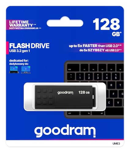 goodram USB-Speicherstick mit 128GB UME3 - USB 3.0 DatenSpeicherung Pen Drive - Lesegeschwindigkeit bis zu 60 MBs - mit Anti Rutsch Memory Stick - USB Flash Laufwerk Schwarz 10,3 x 12,3 x 1,2 cm von GoodRam