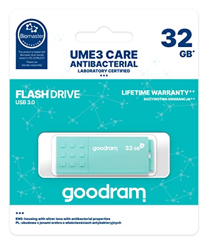 goodram USB-Speicherstick mit 32GB UME3 Care - USB 3.0 DatenSpeicherung Pen Drive - Lesegeschwindigkeit bis zu 60 MBs - Memory Stick Antibakterielles Gehäuse - Spritzwasserschutz - USB Stick Blau von goodram
