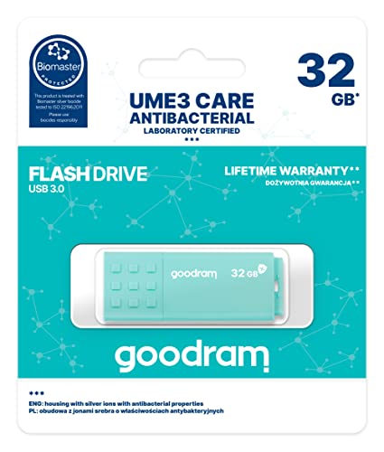 goodram USB-Speicherstick mit 32GB UME3 Care - USB 3.0 DatenSpeicherung Pen Drive - Lesegeschwindigkeit bis zu 60 MBs - Memory Stick Antibakterielles Gehäuse - Spritzwasserschutz - USB Stick Blau goodram USB-Speicherstick mit 32GB UME3 Care - USB 3.0 DatenSpeicherung Pen Drive - Lesegeschwindigkeit bis zu 60 MBs - Memory Stick Antibakterielles Gehäuse - Spritzwasserschutz - USB Stick Blau von GoodRam