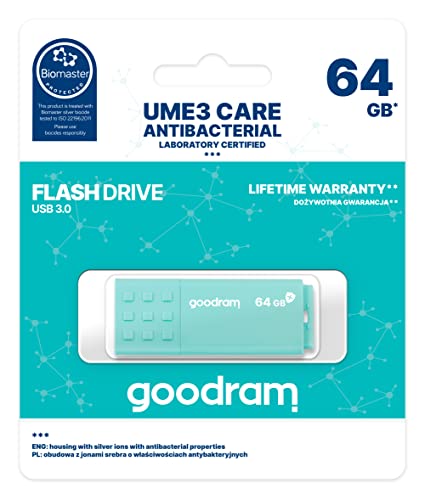goodram USB-Speicherstick mit 64GB UME3 Care - USB 3.0 DatenSpeicherung Pen Drive - Lesegeschwindigkeit bis zu 60 MBs - Memory Stick Antibakterielles Gehäuse - Spritzwasserschutz - USB Stick Blau von goodram