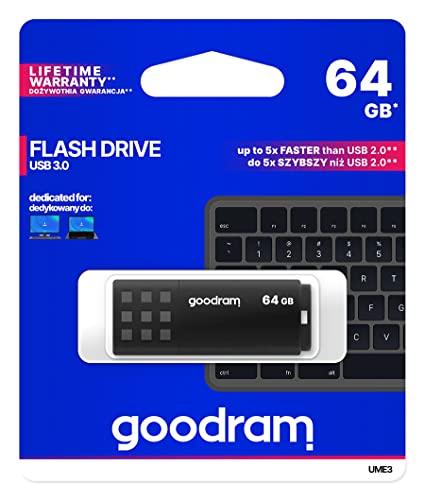 goodram USB-Speicherstick mit 64GB UME3 - USB 3.0 DatenSpeicherung Pen Drive - Lesegeschwindigkeit bis zu 60 MBs - mit Anti Rutsch Memory Stick - USB Flash Laufwerk Schwarz 10,3 x 12,3 x 1,2 cm von goodram