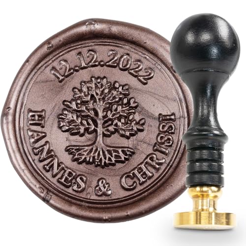 gravurART Siegelstempel personalisiert Tree of Life und Rundtext - Persönliche Siegel auf Einladungen oder Save the Date, Wachssiegel personalisiert von gravurART