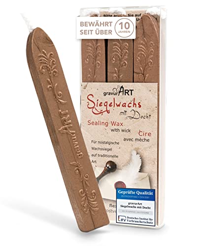 gravurART Siegelwachs Kupfer - Persönliche Briefe versiegeln mit Stempelwachs für Siegelstempel - 3 Stangen Wachs mit Docht von gravurART