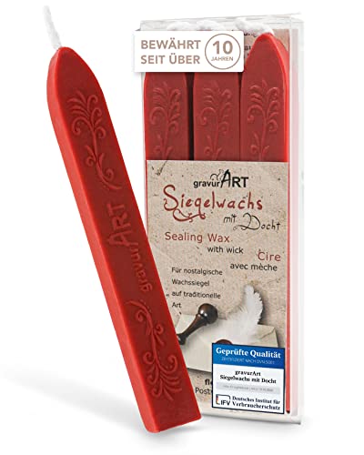 gravurART Siegelwachs Rot - Persönliche Briefe versiegeln mit Stempelwachs für Siegelstempel - 3 Stangen Wachs mit Docht von gravurART