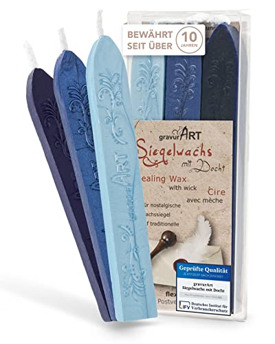 gravurART Siegelwachs - Save the Date und Einladungen versiegeln mit Stempelwachs für Siegelstempel - 3 Stangen Mix Hellblau - Saphir - Dunkelblau von gravurART