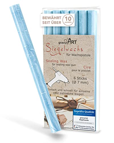 gravurART Siegelwachs flexibel für Wachspistole - Stilvoll Briefe versiegeln mit dem 6er Pack Wachs für Siegelstempel in Hellblau-perlmutt - 7 mm von gravurART