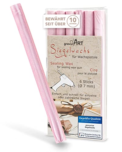 gravurART Siegelwachs flexibel für Wachspistole - Stilvoll Briefe versiegeln mit dem 6er Pack Wachs für Siegelstempel in Rosé-perlmutt - 7 mm von gravurART