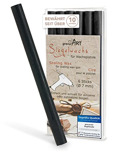 gravurART Siegelwachs flexibel für Wachspistole - Stilvoll Briefe versiegeln mit dem 6er Pack Wachs für Siegelstempel in Schwarz - 7 mm von gravurART