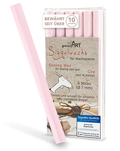 gravurART Siegelwachs flexibel für Wachspistole - Stilvoll Briefe versiegeln mit dem 6er Pack Wachs für Siegelstempel in Zartrosé - 7 mm von gravurART