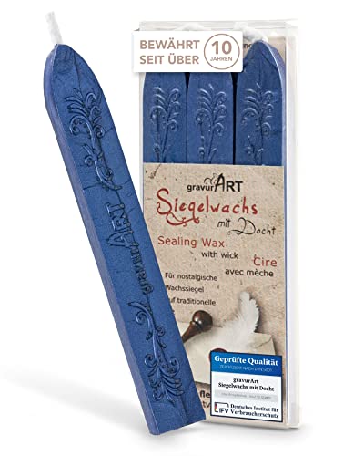 gravurART - flexibles Siegelwachs mit Docht in Saphir-Blau, 3 Stangen von gravurART