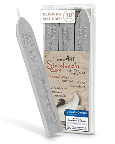 gravurART - flexibles Siegelwachs mit Docht in Silber, 3 Stangen von gravurART