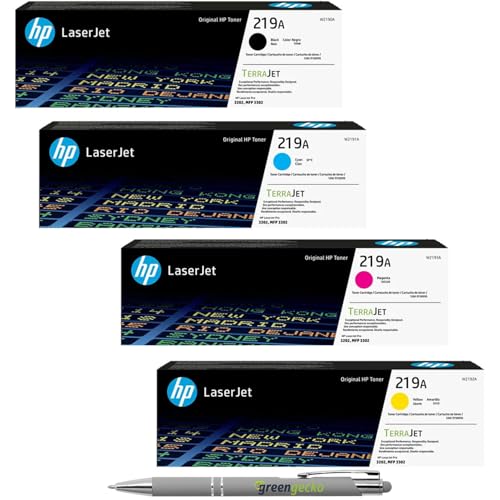 green gecko Bundle mit Original Toner HP 219A Multipack (CMYK) für HP Color Laserjet Pro 3202 MFP 3300 3302 mit Kugelschreiber von green gecko