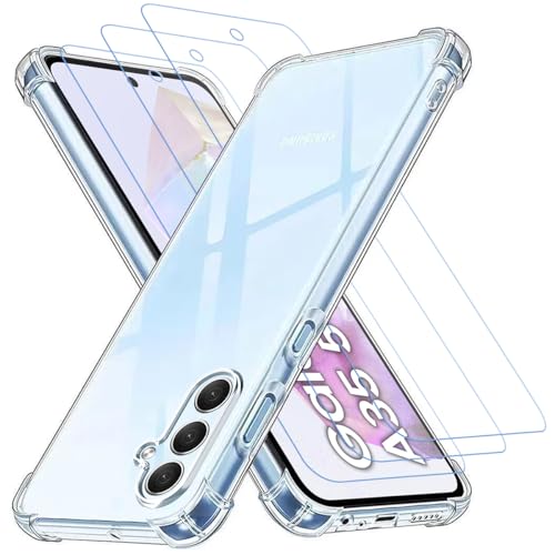 gueche 4 in 1 für Samsung Galaxy A35 5G Hülle mit 3 Stück Panzerglas Schutzfolie, Schutz nach Militärstandard, [Anti-Vergilbung] Stoßfest Transparent Handyhülle. Panzer Schutz Glas - Durchsichtig von gueche