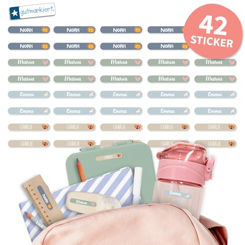 Gutmarkiert – Mini Namensaufkleber für Kinder – Personalisierbare Namensetiketten mit Namen & Symbol – wasserfest und langlebig – Ideal für Schule & Kindergarten. Format: 38x6mm. (Nature, 42) von gutmarkiert