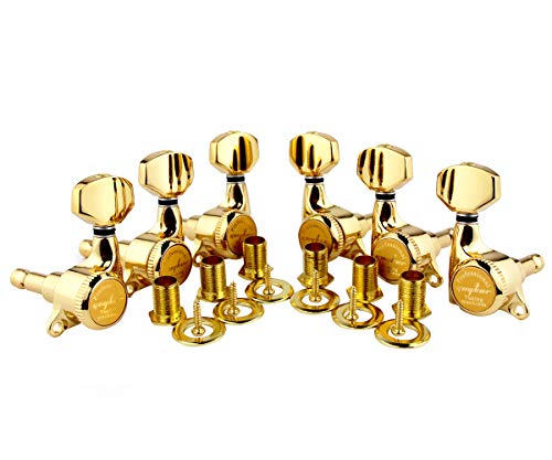 Guyker 6Pcs Guitar Locking Tuners (3L + 3R Handed) - 1:18 Ratio Lock String Tuning Key Pegs Machine Heads with Hexagonal Handle Replacement for LP SG Style Electric, Folk or Acoustic Guitars- Gold von guyker